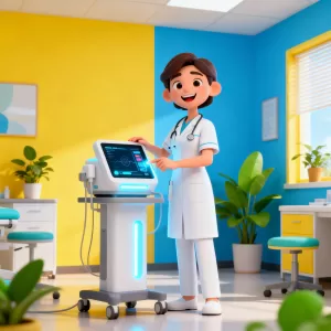 Profissional de saúde demonstrando equipamentos médicos inovadores.