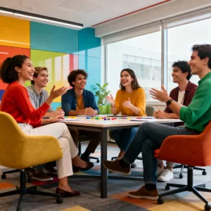 Equipe conversando com expressão amigável em uma sala de reunião moderna.