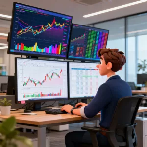 Analista em escritório examinando gráficos financeiros e planilhas digitais.