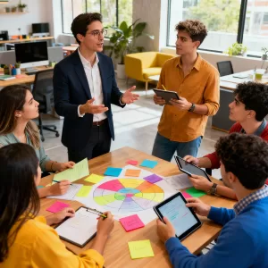 rofissional liderando um grupo em dinâmica colaborativa de escritório.