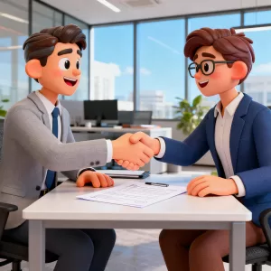 Pessoas realizando uma negociação, aperto de mãos e contrato na mesa.