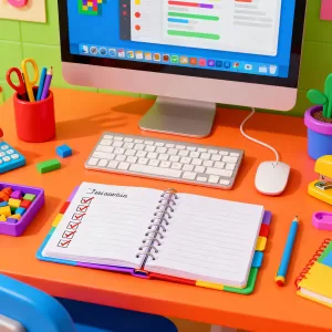 Mesa organizada com computador, agenda, checklists e ferramentas de produtividade.