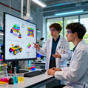 Cientista ou engenheiro discutindo protótipos e dados em laboratório.