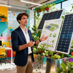 Profissional mostrando projetos sustentáveis com painéis solares e plantas.