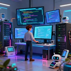 Especialista em tecnologia diante de telas com códigos, servidores, e dispositivos digitais.