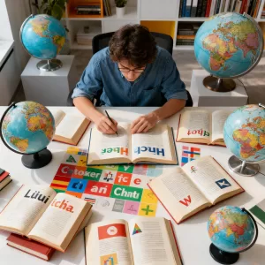Pessoa estudando diferentes idiomas com livros e globos, em ambiente de trabalho moderno