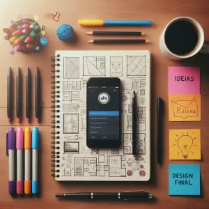 Mesa de trabalho criativa com elementos visuais de design.