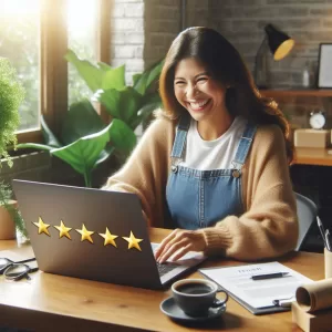Empresária sorridente lendo avaliações positivas de clientes na internet