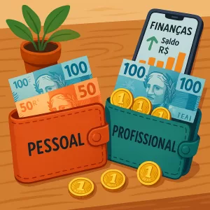 Divisão clara entre finanças pessoais e profissionais em ambiente brasileiro.