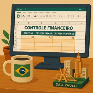 Planilha digital 3D de receitas e despesas com elementos brasileiros.