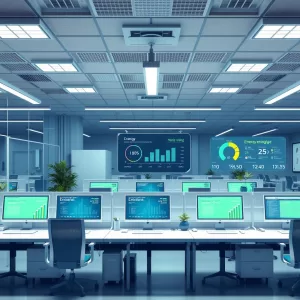 Ambiente digital 3D mostrando equipamentos energeticamente eficientes em uso corporativo.