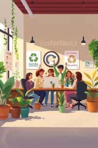 Ilustração artística de equipe celebrando práticas sustentáveis no ambiente de trabalho, plantas e ações verdes.