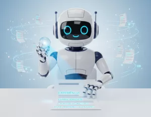 : Ilustração 3D de um robô amigável, mas focado, sentado em frente a uma montanha de currículos digitais, segurando um farol que ilumina palavras-chave.