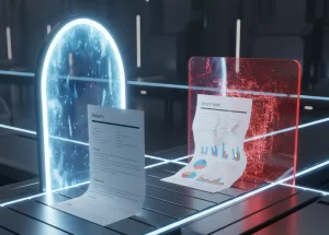 Duas pilhas de currículos em uma esteira digital. Um currículo clean passa facilmente por um portal luminoso, enquanto o outro, com gráficos, é barrado.