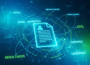 Arte abstrata mostrando palavras-chave importantes flutuando e se conectando com um documento digital em tons vibrantes de verde e azul.