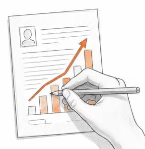 Desenho a lápis de uma pessoa revisando um currículo, com o esboço se transformando em um gráfico de barras de sucesso em alta, simbolizando a otimização.