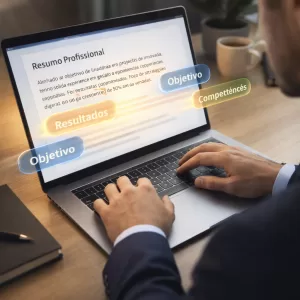 Pessoa escrevendo um resumo profissional estratégico para o LinkedIn