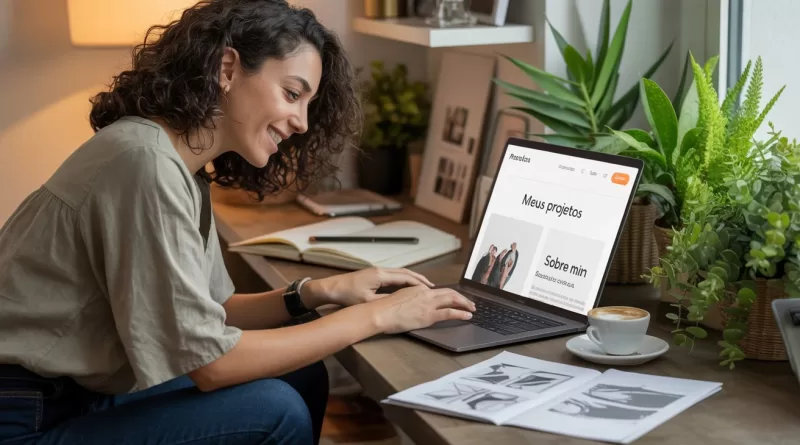 Mesa de trabalho criativa com elementos visuais de design.