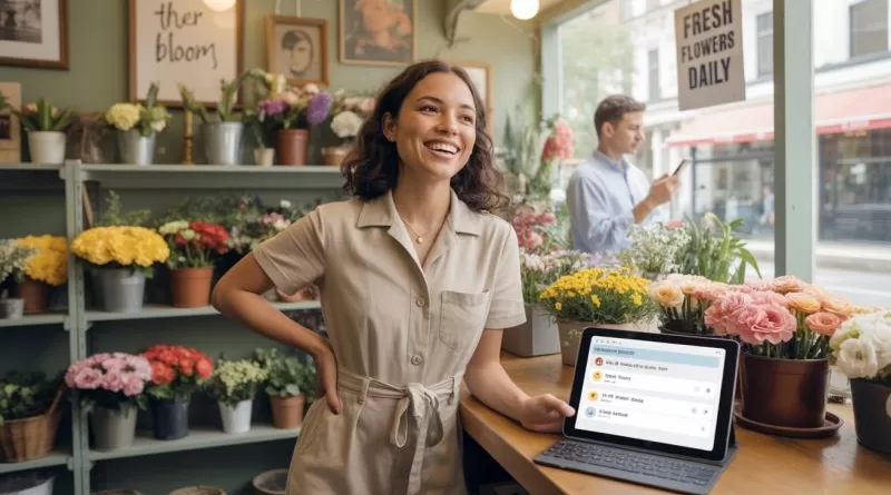 Empresário local utilizando ferramentas digitais para promover seu negócio