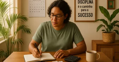 Profissional autônomo brasileiro trabalhando em casa, organizando finanças com notebook, papéis e café em ambiente acolhedor.