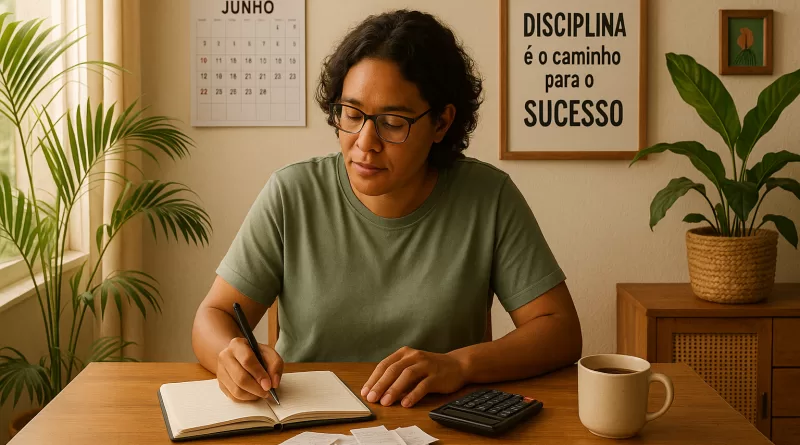 Profissional autônomo brasileiro trabalhando em casa, organizando finanças com notebook, papéis e café em ambiente acolhedor.