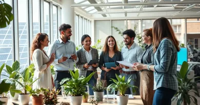 Equipe diversa em escritório sustentável com plantas, painel solar à vista e atmosfera inovadora.