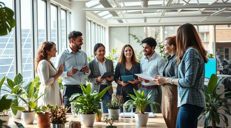Equipe diversa em escritório sustentável com plantas, painel solar à vista e atmosfera inovadora.