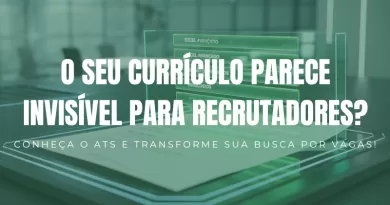 Close-up de um currículo sendo escaneado por um sistema digital que destaca palavras-chave em verde, com fundo embaçado de escritório.