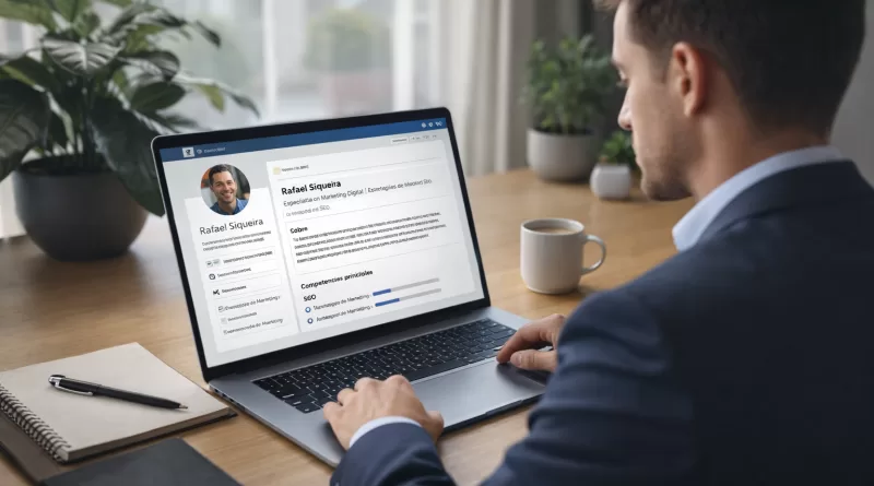 Profissional revisando perfil do LinkedIn em ambiente moderno no início de 2026]